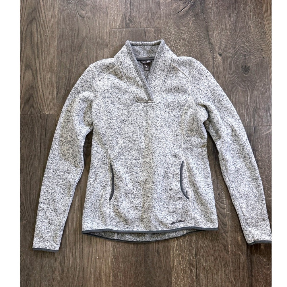 Eddie Bauer Cloud Layer Fleece Pullover S Gray Heather V-Neck Pockets Excellent